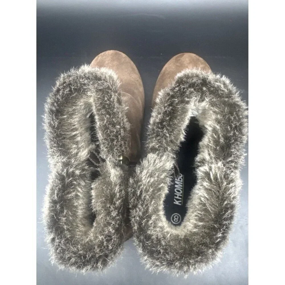 Khombu Women’s Lisa Shearling Winter Ankle Brown Suede Zip Faux Fur Trim Boots 8